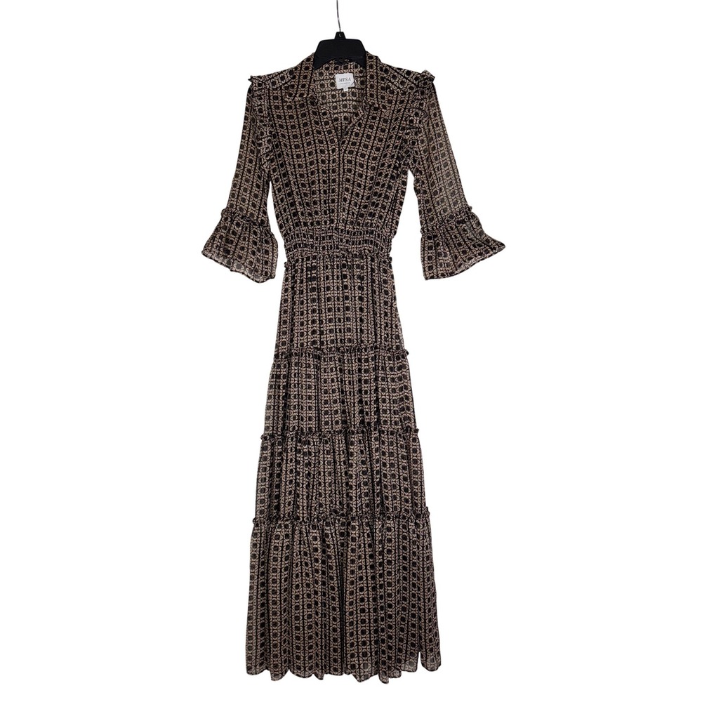 MISA Los Angeles Geometric Print Tiered Maxi Dress Flutter‎ Sleeve Collared XS/S - Picture 3 of 8